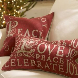 Pottery Barn linen hemp Christmas holiday pillows set of 2 with inserts red tan